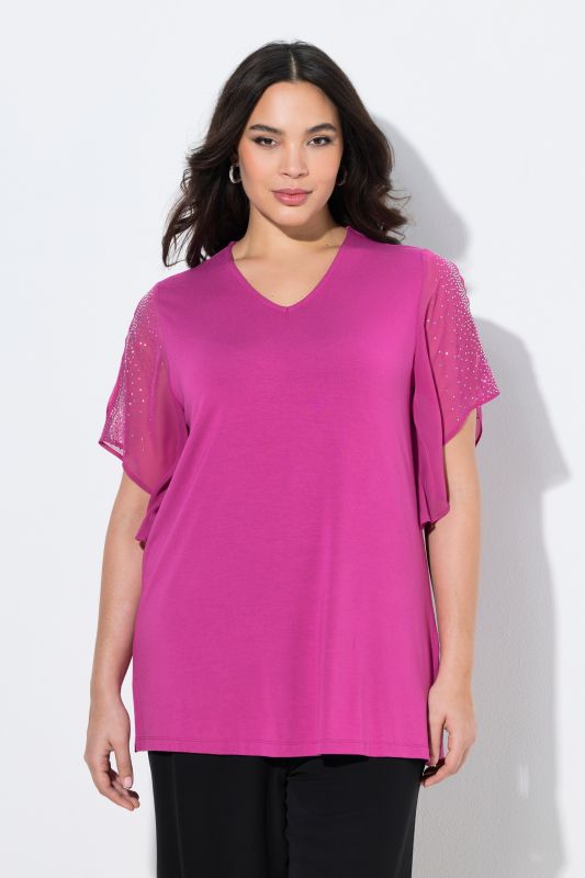 Glitter Stone Sheer Sleeve V-Neck Blouse