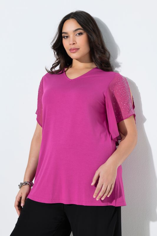 Glitter Stone Sheer Sleeve V-Neck Blouse