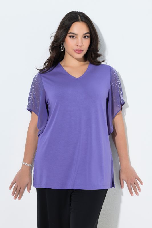 Glitter Stone Sheer Sleeve V-Neck Blouse