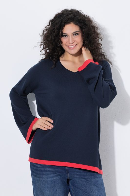 Contrast Cuff Long Sleeve V-Neck Sweater