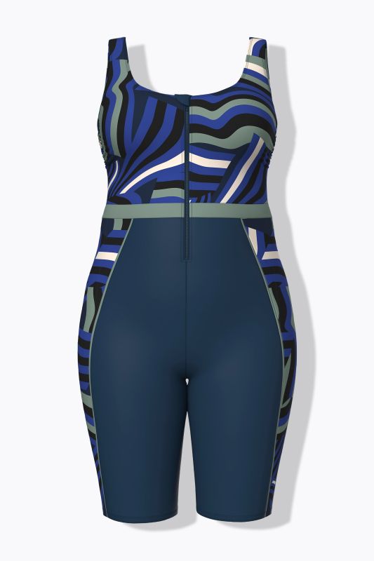 Retro Print Unitard Zip Front Swimsuit