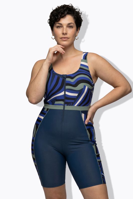 Retro Print Unitard Zip Front Swimsuit