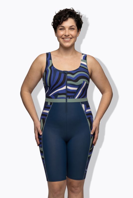 Retro Print Unitard Zip Front Swimsuit