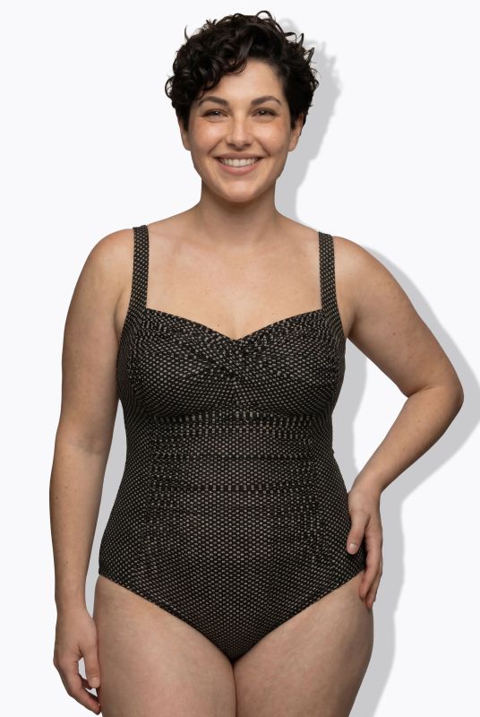 Metallic Draped Front Sweetheart Neckline Swimsuit