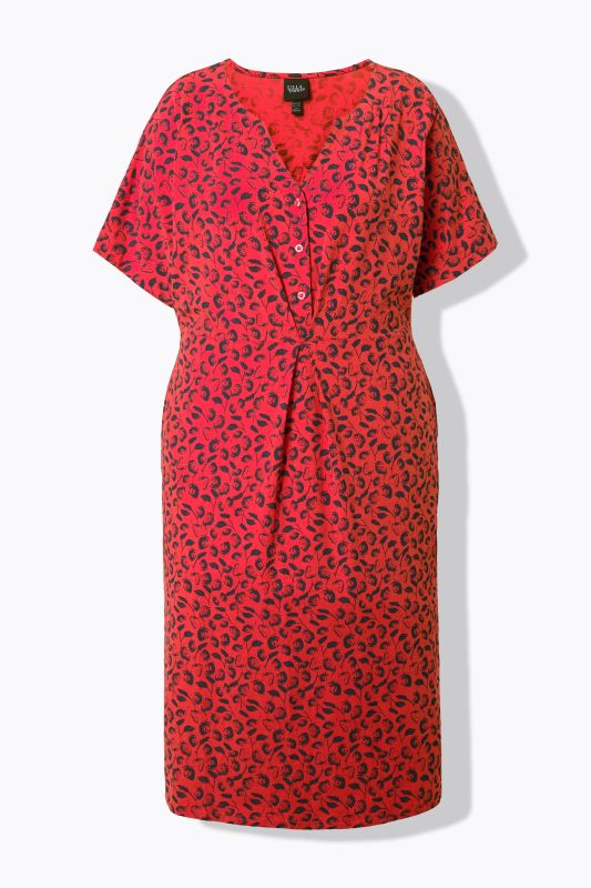 Strawberry Print Short Sleeve Split Neck Dress