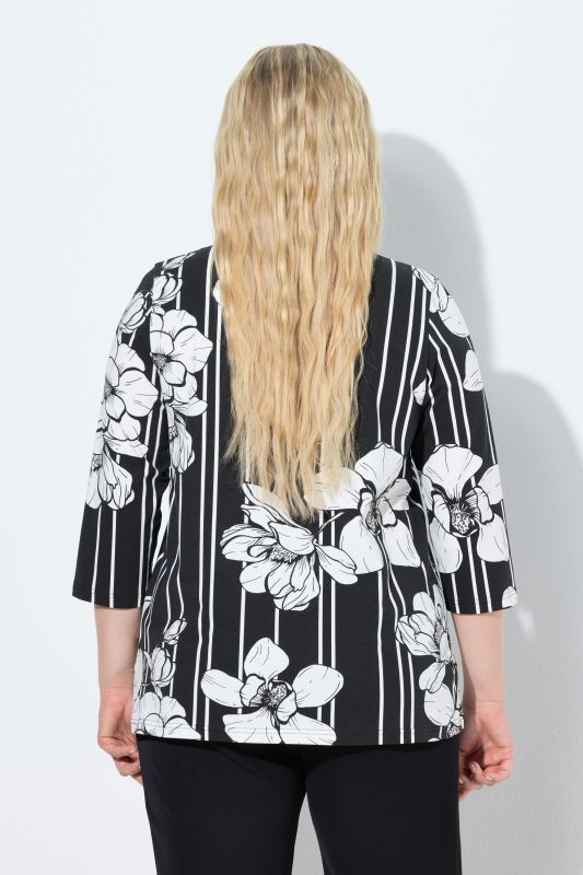 Magnolia Print 3/4 Sleeve Split Neck Tee