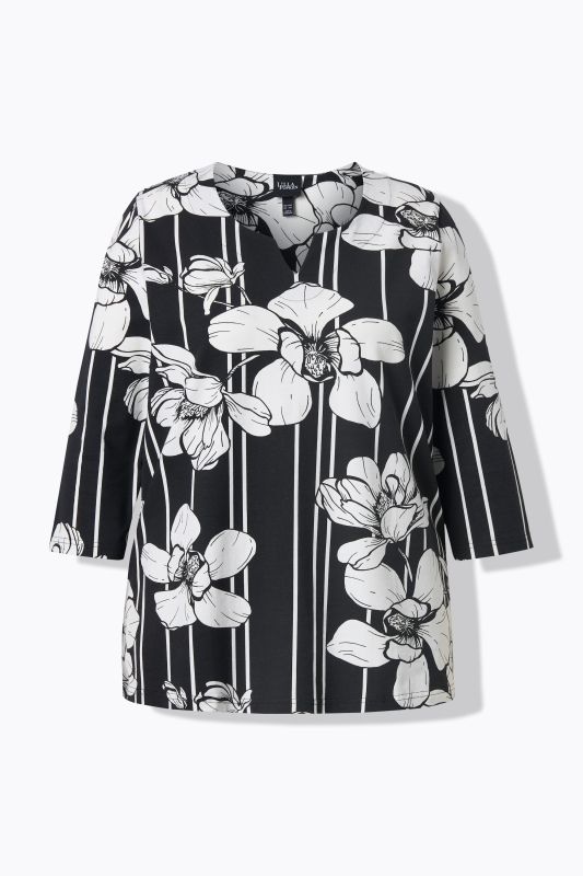 Magnolia Print 3/4 Sleeve Split Neck Tee