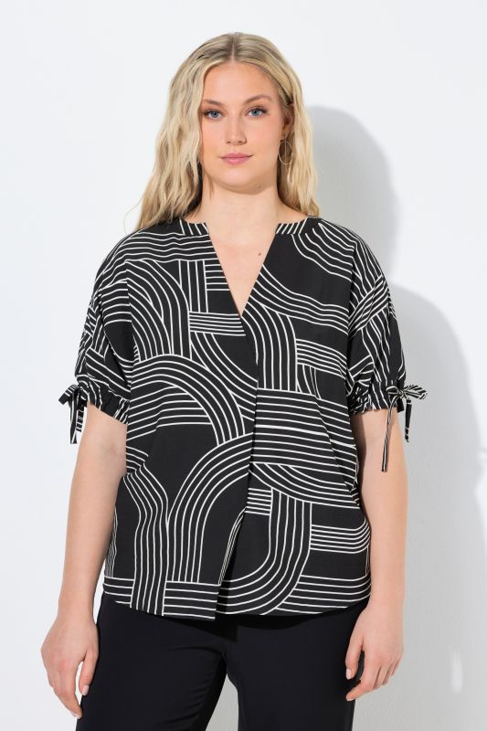 Geometric Print Ribbon Tie Blouse