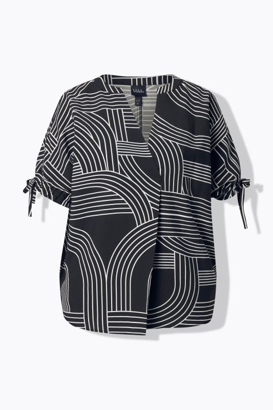 Geometric Print Ribbon Tie Blouse