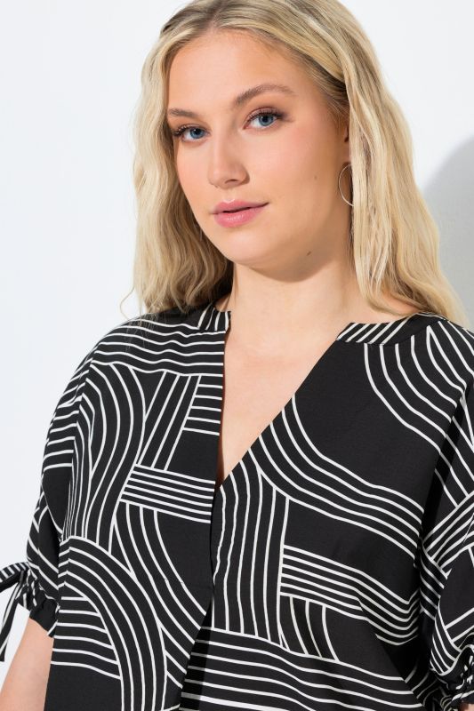 Geometric Print Ribbon Tie Blouse