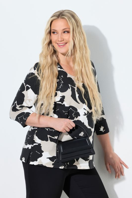 Monochrome Floral 3/4 Sleeve Tee