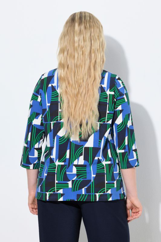 Geometric Print 3/4 Sleeve V-Neck Tee