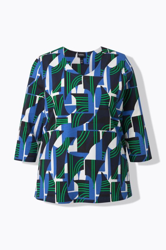 Geometric Print 3/4 Sleeve V-Neck Tee