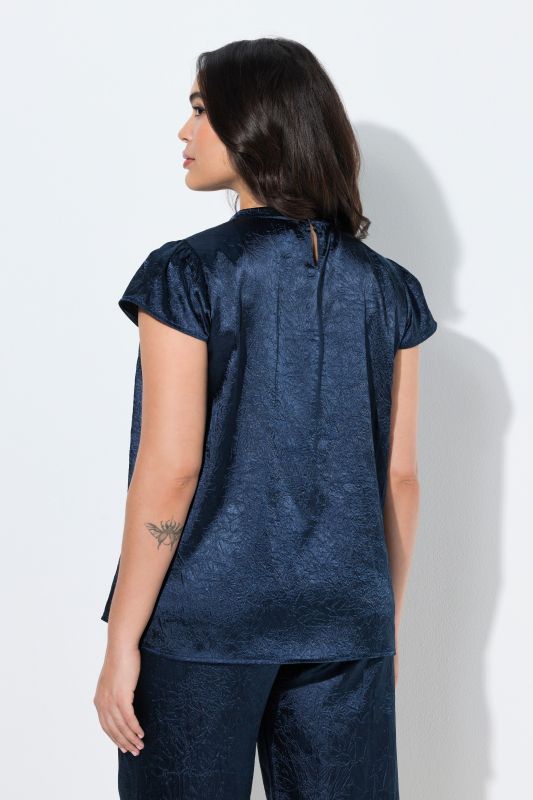 Crinkle Texture Crepe Satin Cap Sleeve Blouse