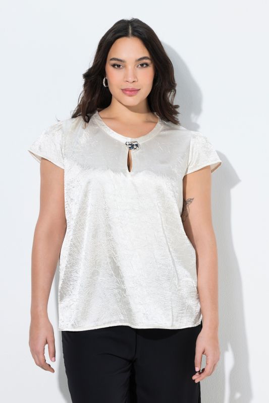 Crinkle Texture Crepe Satin Cap Sleeve Blouse