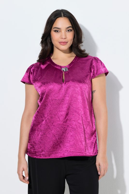 Crinkle Texture Crepe Satin Cap Sleeve Blouse