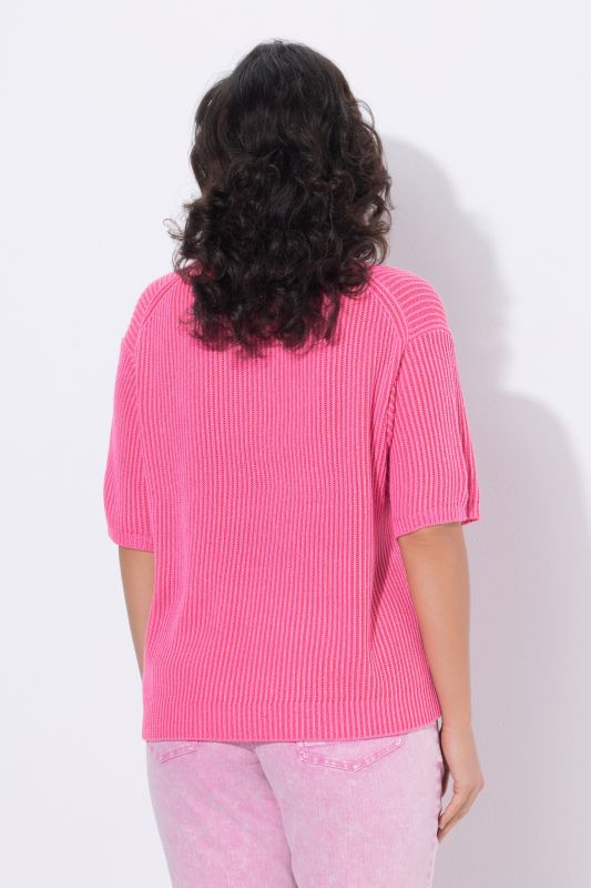 Two Tone Ribbed Knit Short Sleeve Sweater