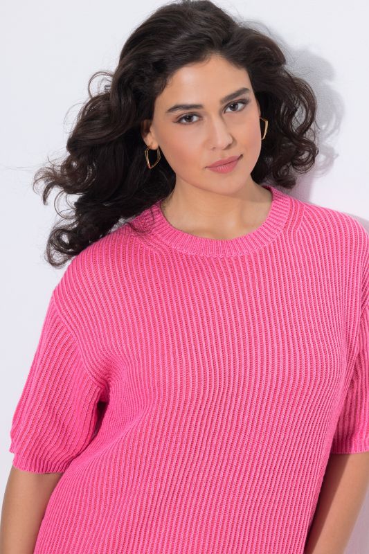 Two Tone Ribbed Knit Short Sleeve Sweater