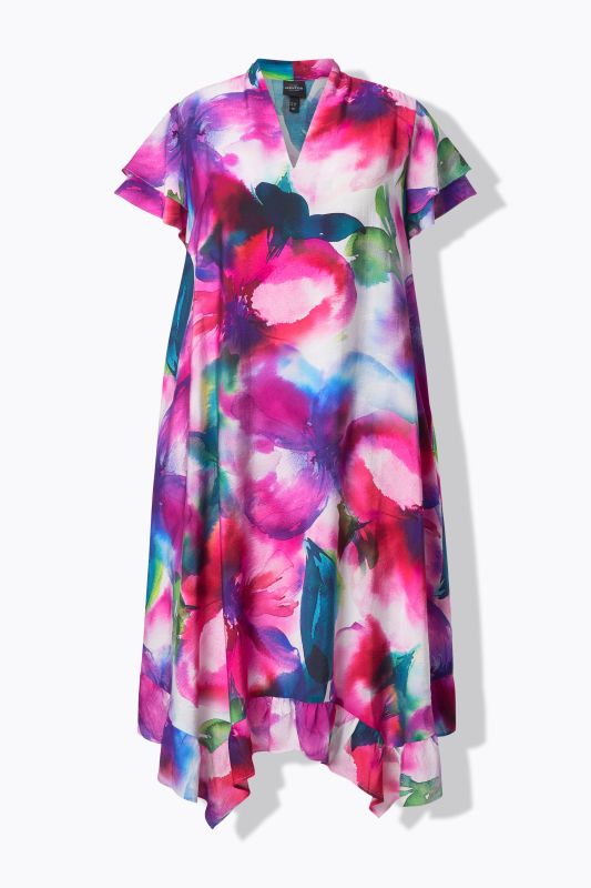 Watercolor Floral Handkerchief Hem Dress