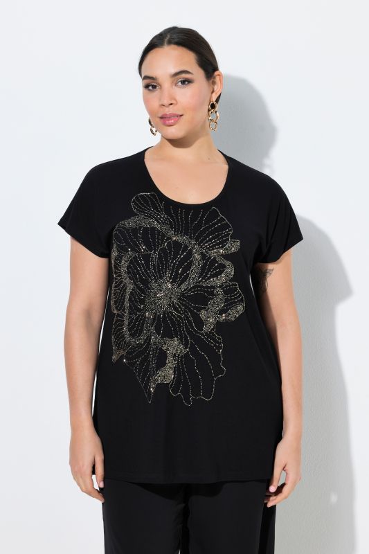 Beaded Flower Cap Sleeve T-Shirt Blouse