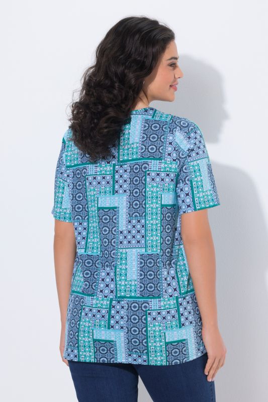 Patchwork Print Sweetheart Neckline Tee