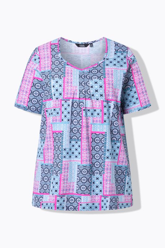 Patchwork Print Sweetheart Neckline Tee