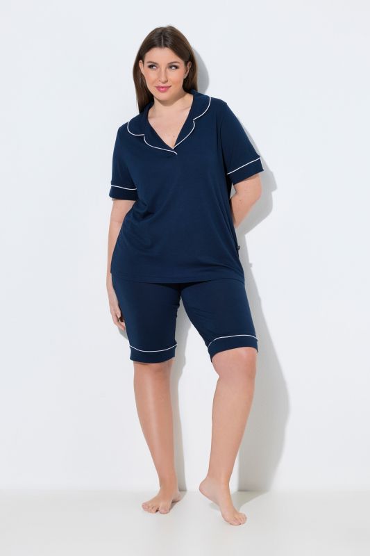 Lapel Collar Two Piece Shortie Pajama Set