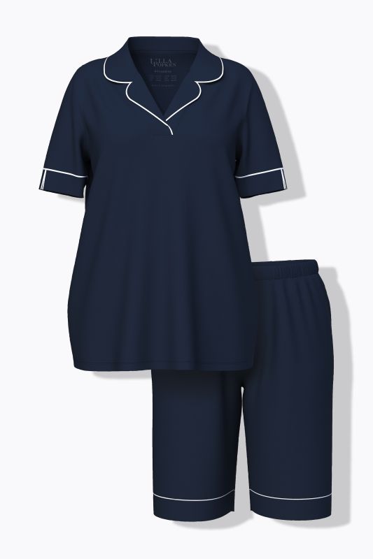Lapel Collar Two Piece Shortie Pajama Set