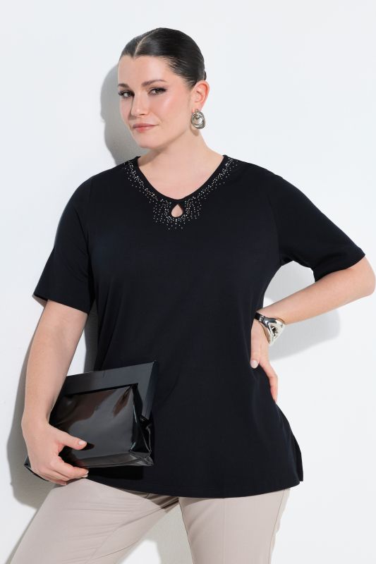 Rhinestoned Cutout Short Sleeve Pima Cotton T-Shirt Blouse