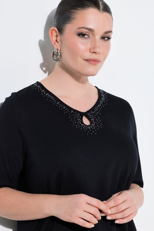 Rhinestoned Cutout Short Sleeve Pima Cotton T-Shirt Blouse