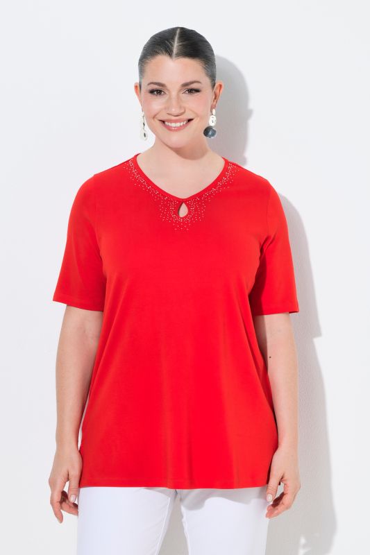 Rhinestoned Cutout Short Sleeve Pima Cotton T-Shirt Blouse