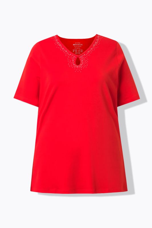 Rhinestoned Cutout Short Sleeve Pima Cotton T-Shirt Blouse