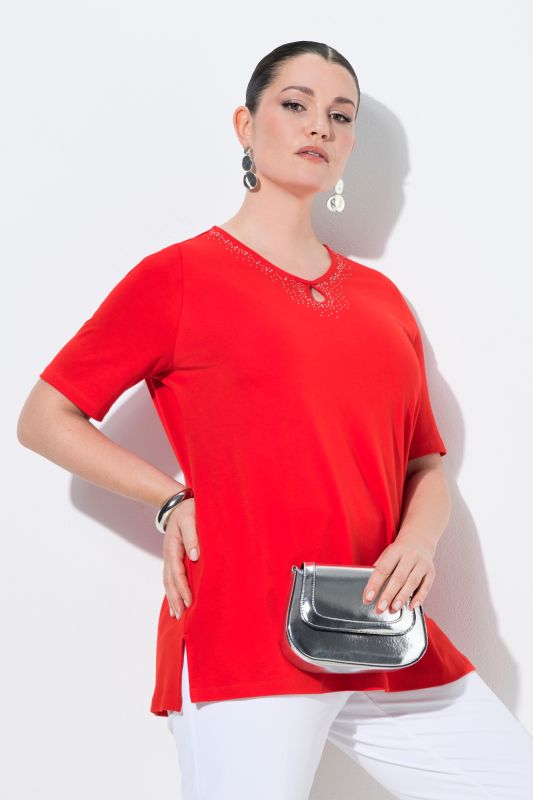 Rhinestoned Cutout Short Sleeve Pima Cotton T-Shirt Blouse