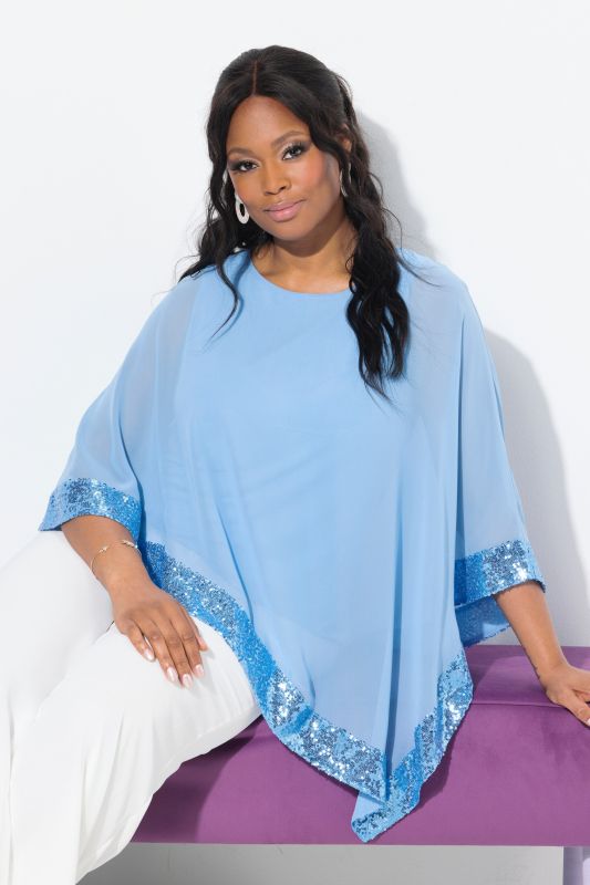 Sequined Trim Asymmetric Layered Chiffon Blouse