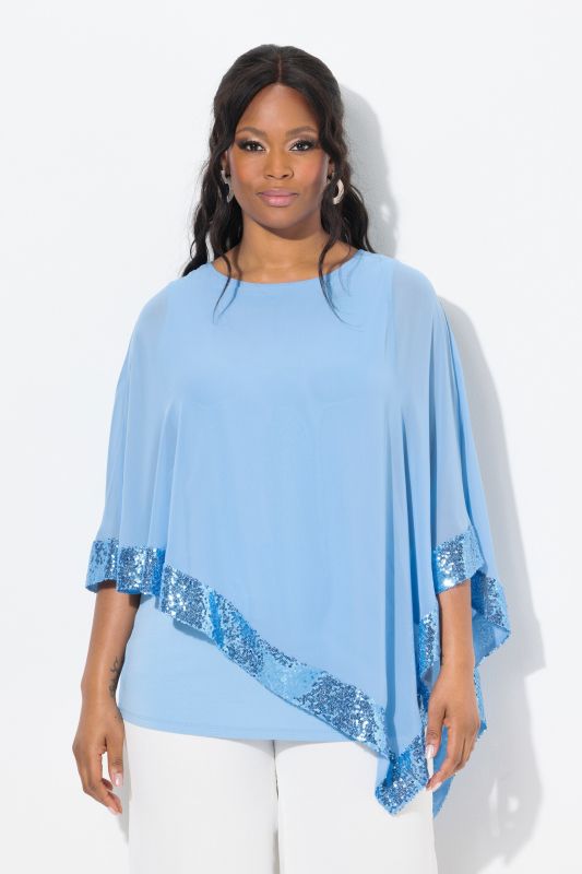 Sequined Trim Asymmetric Layered Chiffon Blouse