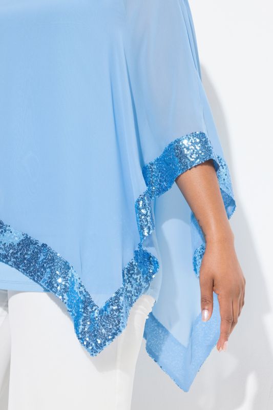 Sequined Trim Asymmetric Layered Chiffon Blouse