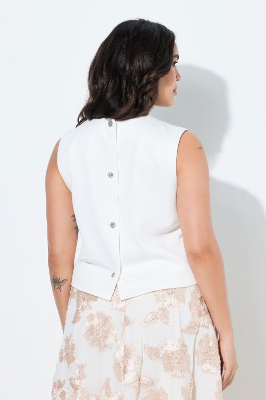 Sleeveless Scuba Knit Rhinestone Button Blouse