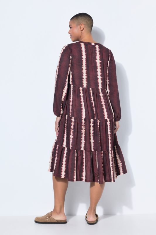 Batik Stripe Flounce Panel Long Sleeve Dress