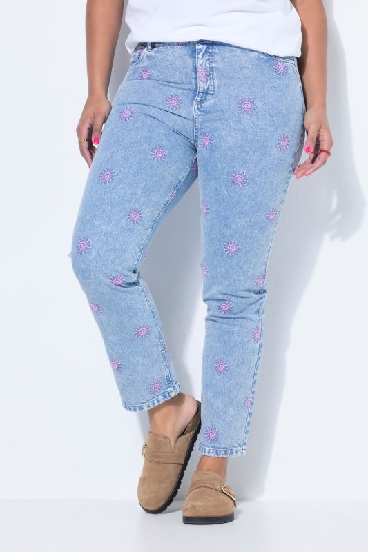 Sun Embroidered Stretch Fit Mom Jeans