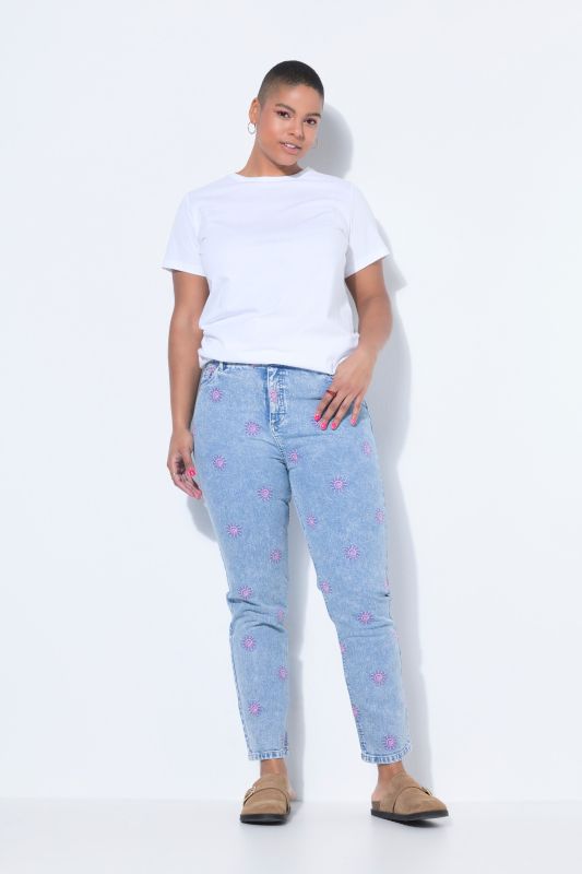Sun Embroidered Stretch Fit Mom Jeans