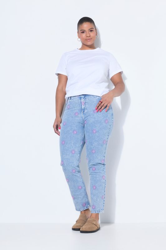 Sun Embroidered Stretch Fit Mom Jeans
