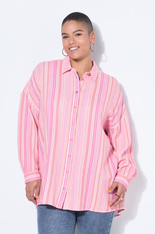 Striped Muslin Longline Button-Down Blouse