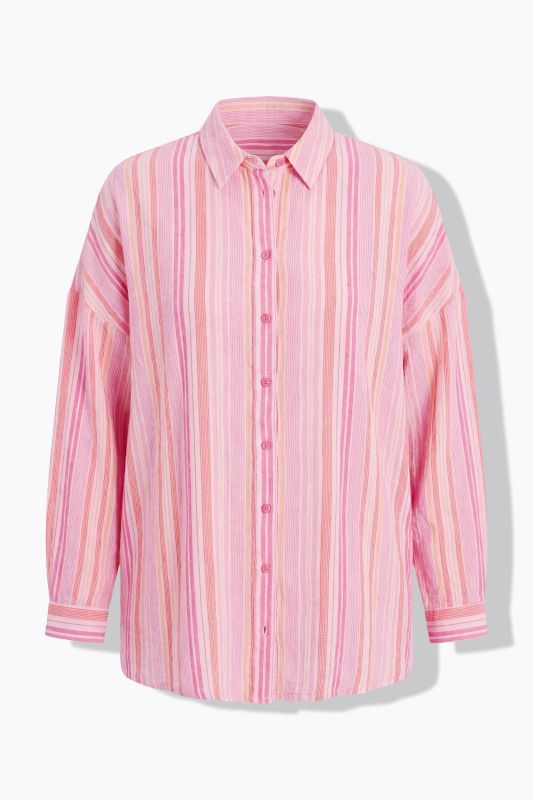Striped Muslin Longline Button-Down Blouse