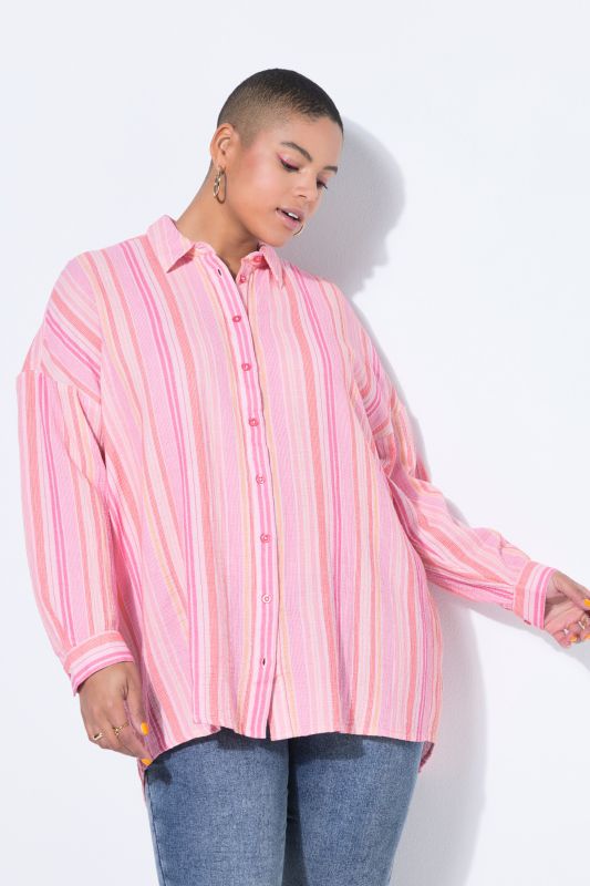 Striped Muslin Longline Button-Down Blouse