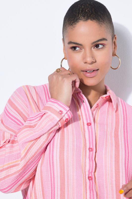 Striped Muslin Longline Button-Down Blouse