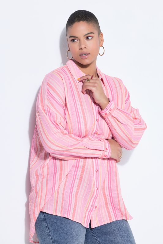 Striped Muslin Longline Button-Down Blouse