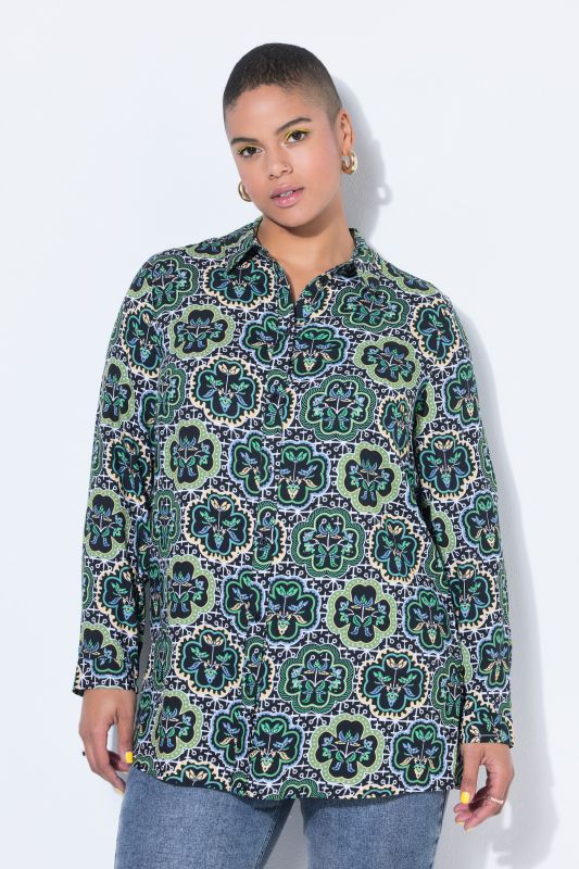 Floral Mosaic Print Button-Down Tunic Blouse