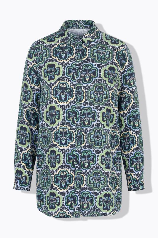 Floral Mosaic Print Button-Down Tunic Blouse