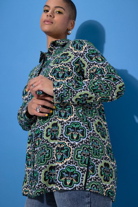 Floral Mosaic Print Button-Down Tunic Blouse