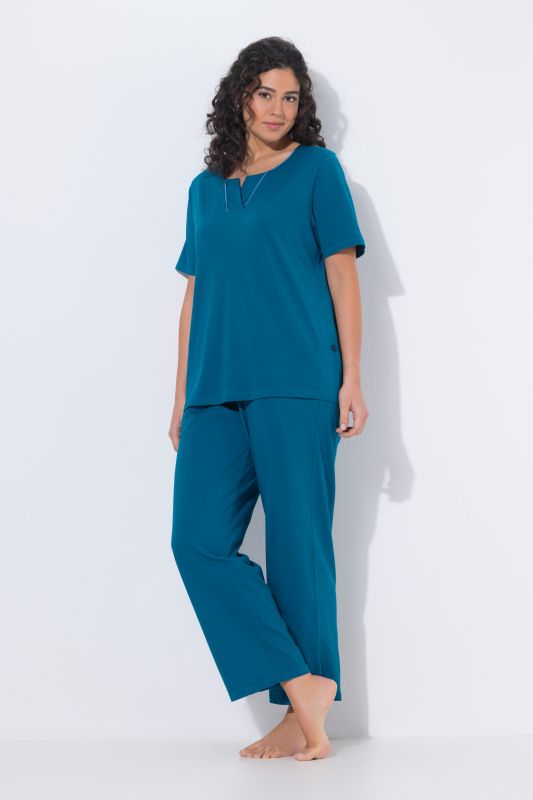 Satin Piped Notch Neck Cotton Knit Pajama Set
